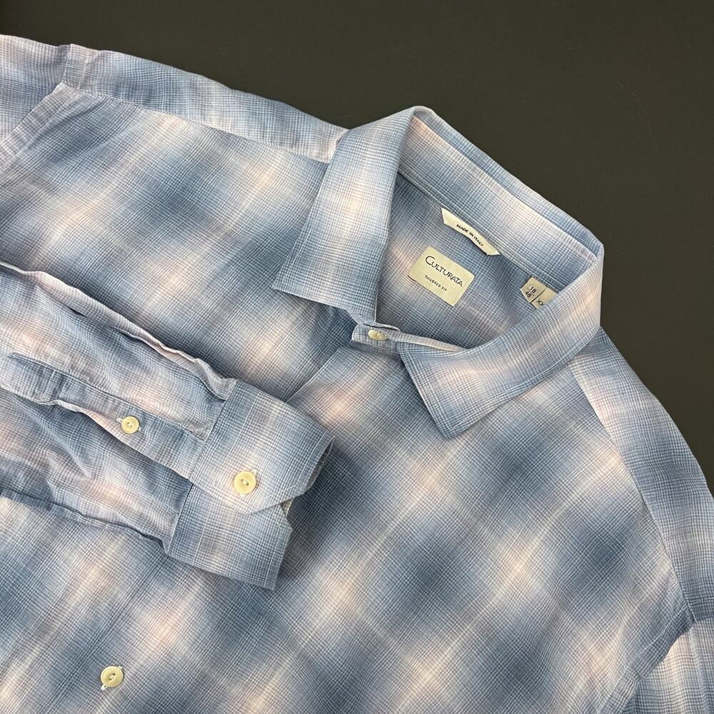 Culturata Shirt Mens XXL‎ 18 46 Blue Windowpane Button Up Tailored Fit Italy